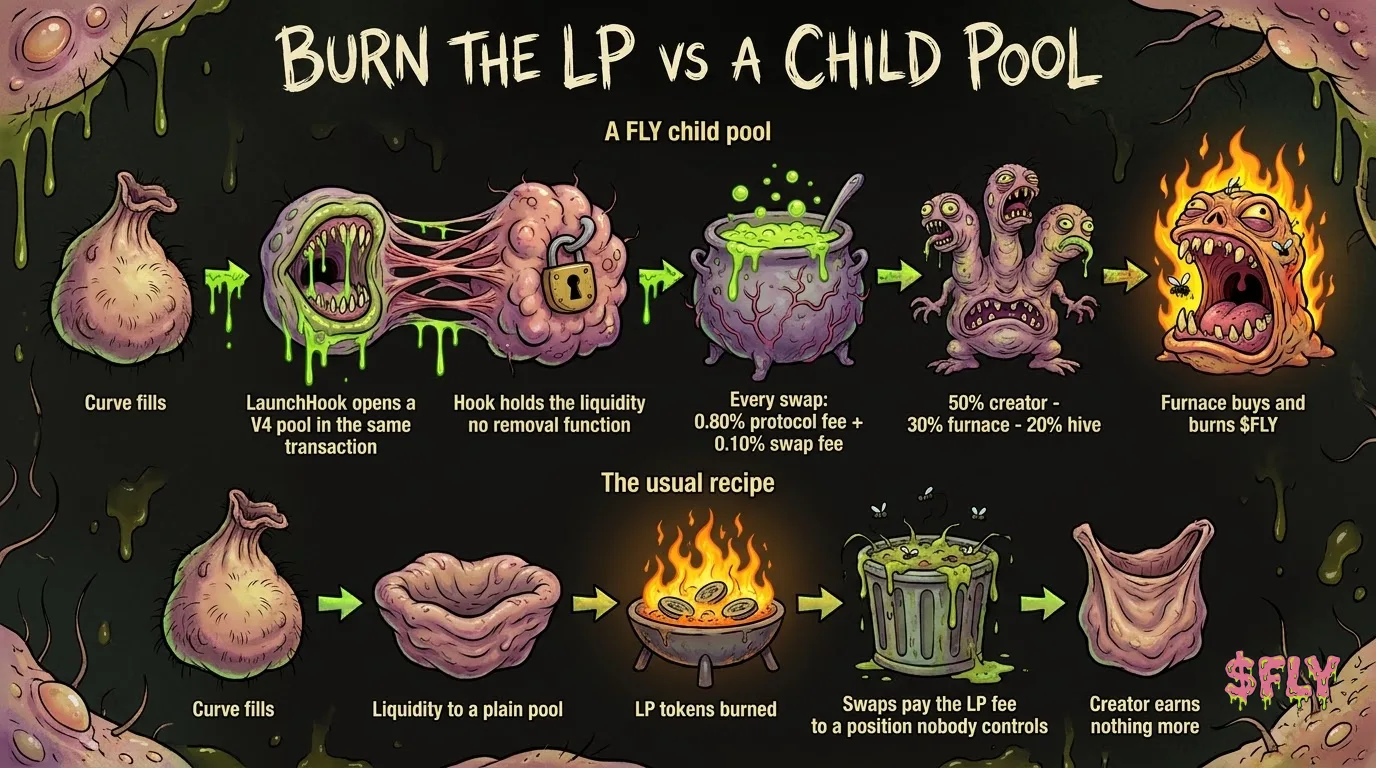 Burn the LP vs a child pool. A FLY child pool: the curve fills, the LaunchHook opens a V4 pool in the same transaction, the hook holds the liquidity with no removal function, every swap pays a 0.80% protocol fee plus a 0.10% swap fee, split 50% creator, 30% furnace, 20% hive, and the furnace buys and burns $FLY. The usual recipe: the curve fills, liquidity goes to a plain pool, the LP tokens are burned, swaps pay the LP fee to a position nobody controls, and the creator earns nothing more.