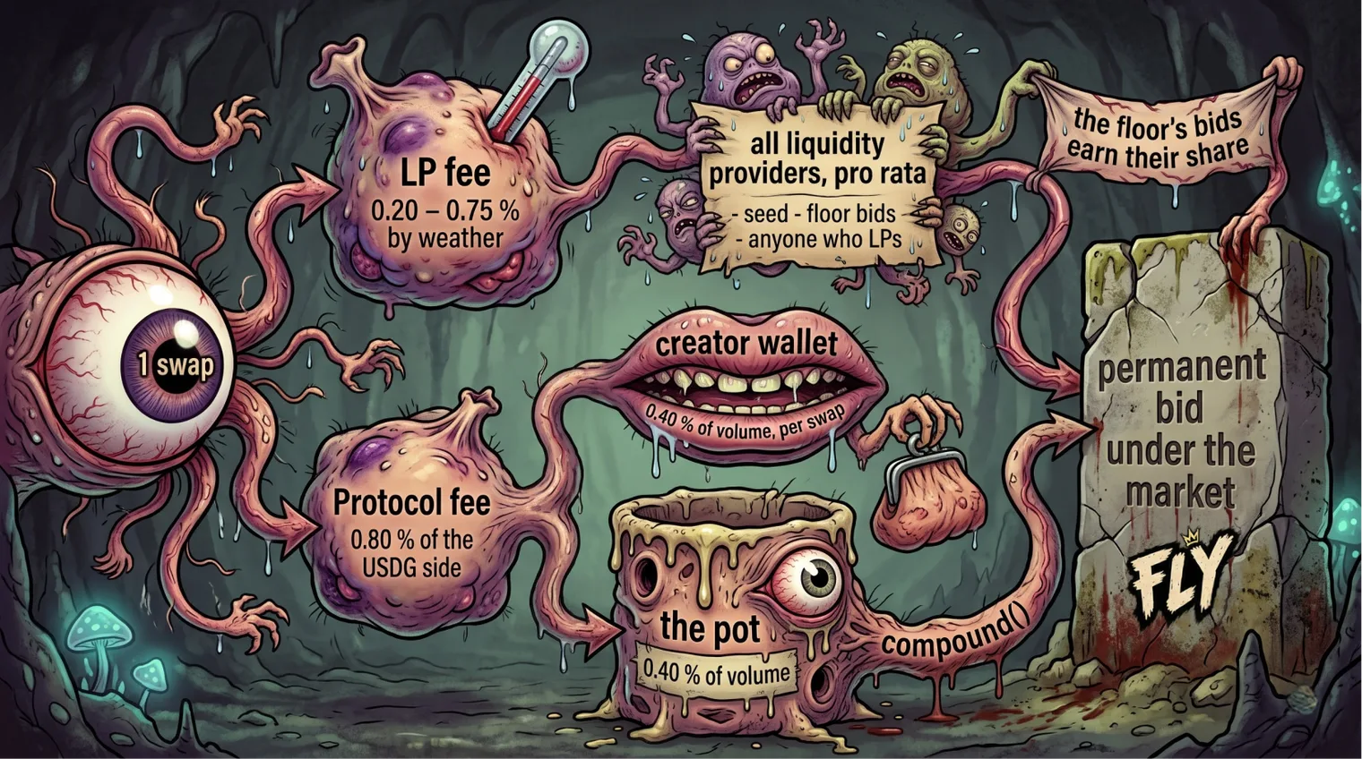 Where every dollar of fee goes — one swap splits into the LP fee, the protocol fee, the creator's share and the pot