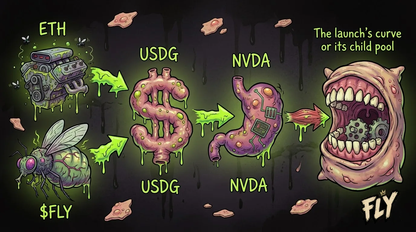 Paying with anything: ETH or $FLY swaps into USDG, USDG into NVDA, and NVDA into the launch's curve or its child pool, all in one transaction.