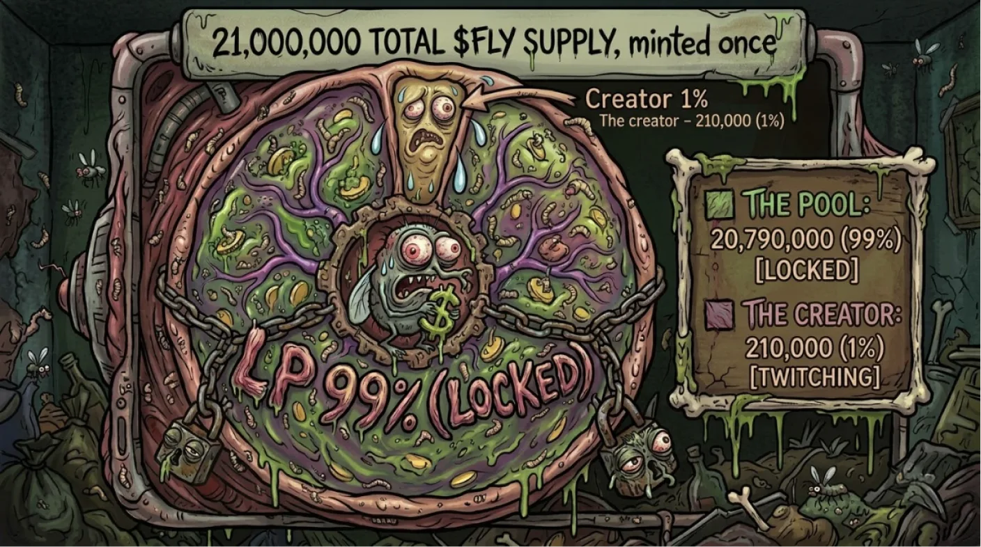 21,000,000 FLY, minted once — 20,790,000 (99 %) to the pool, locked; 210,000 (1 %) to the creator