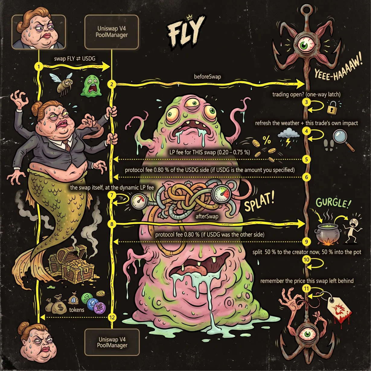 What the hook does on every swap — the twelve steps between the trader, the PoolManager and FlyHook