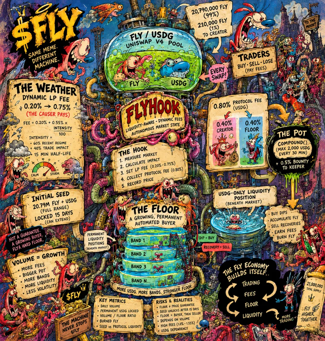 The whole machine — the FLY/USDG Uniswap V4 pool, the FlyHook pricing every swap with the weather (LP fee 0.20–0.75 %), the 0.90 % protocol fee split between the creator and the pot, compound() building the floor band by band, the seed locked 15 days