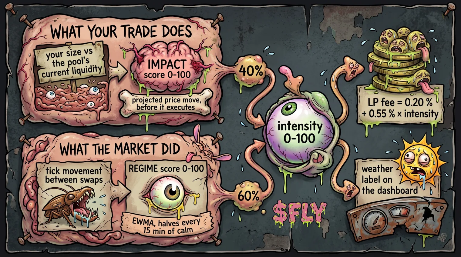 How the fee is made — what the market did and what your trade does blend into one intensity score, which sets the LP fee and the weather label