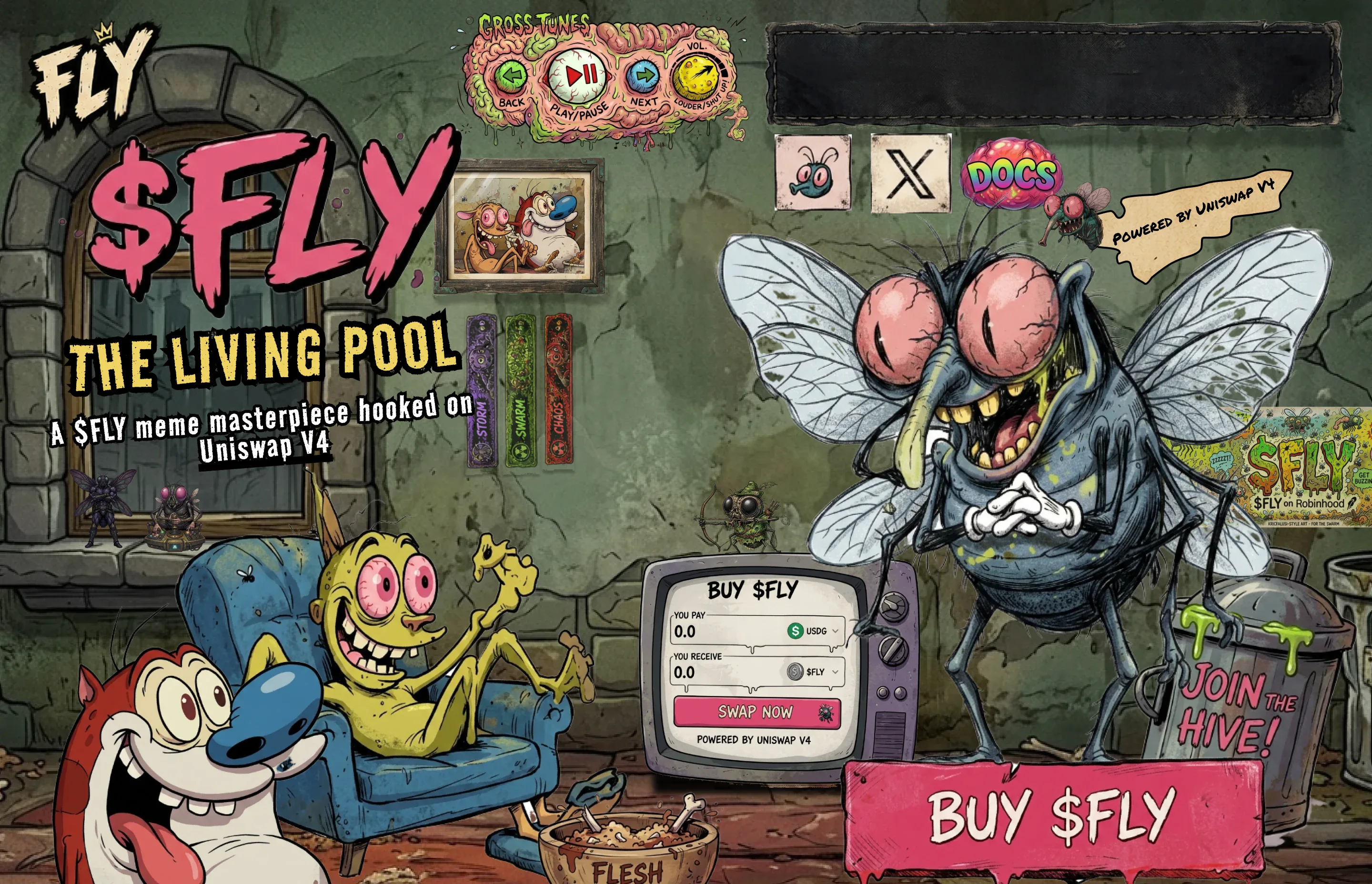 The hive's front room: the $FLY wordmark, THE LIVING POOL — A $FLY meme masterpiece hooked on Uniswap V4, a Powered by Uniswap V4 banner, a giant grinning fly, a BUY $FLY button and a JOIN THE HIVE! bin.