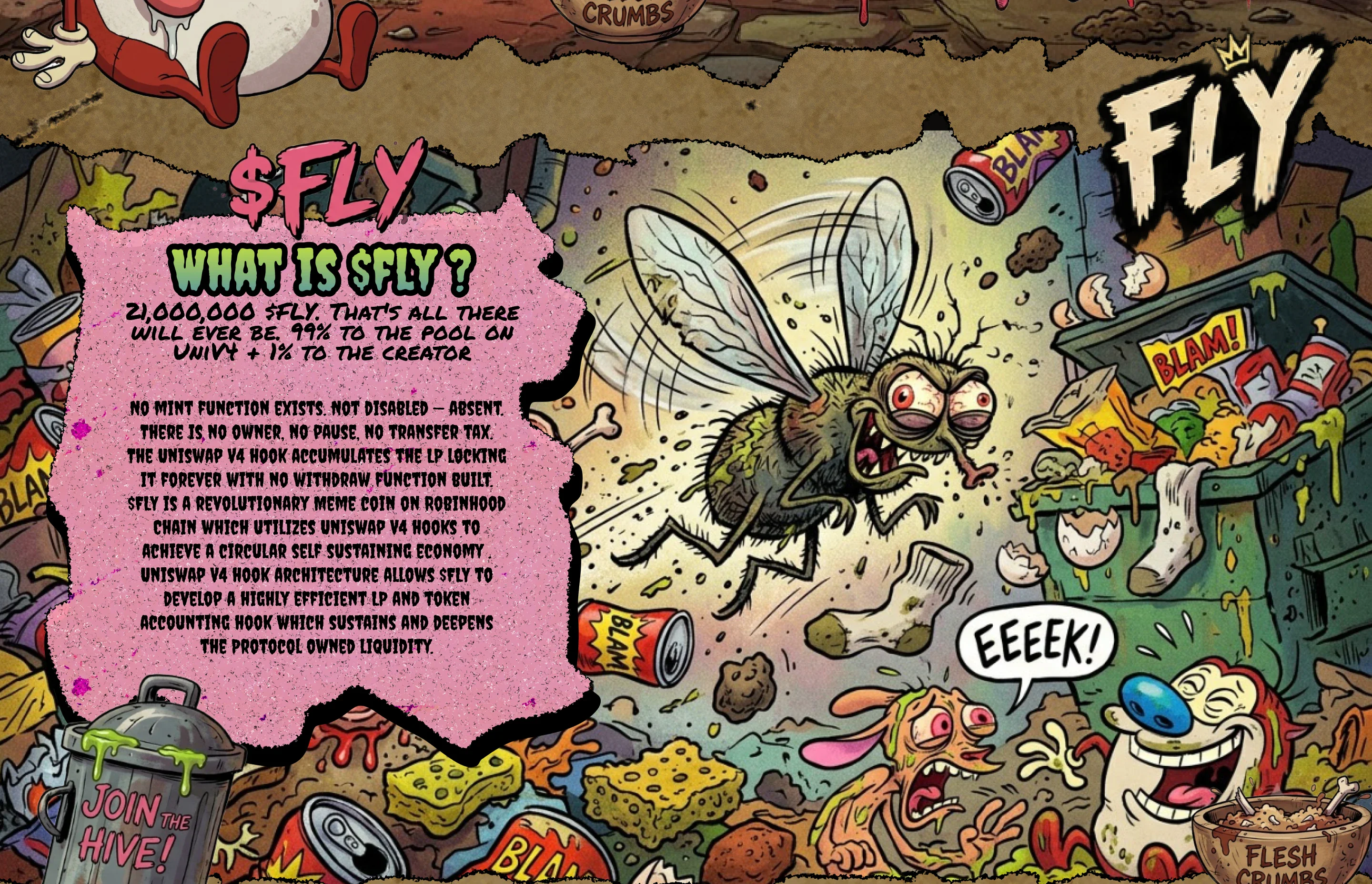 $FLY — WHAT IS $FLY? on a pink slime card: 21,000,000 $FLY, 99% to the pool on UniV4 + 1% to the creator, no mint function — beside a fly crashing through garbage, BLAM cans, EEEEK!, FLESH CRUMBS, Ren and Stimpy and a bin.