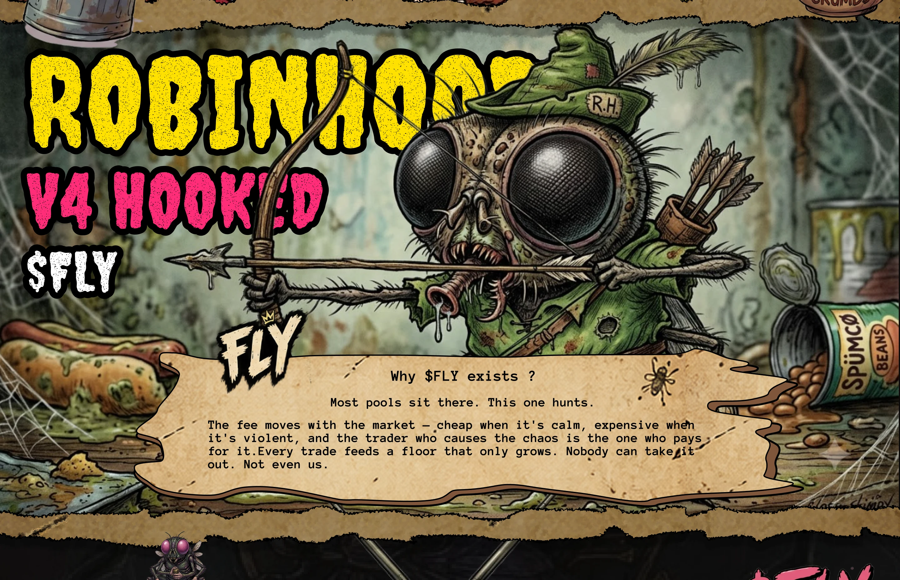 ROBINHOOD V4 HOOKED $FLY: a Robin Hood fly draws his bow above the Why $FLY exists? card — Most pools sit there. This one hunts.