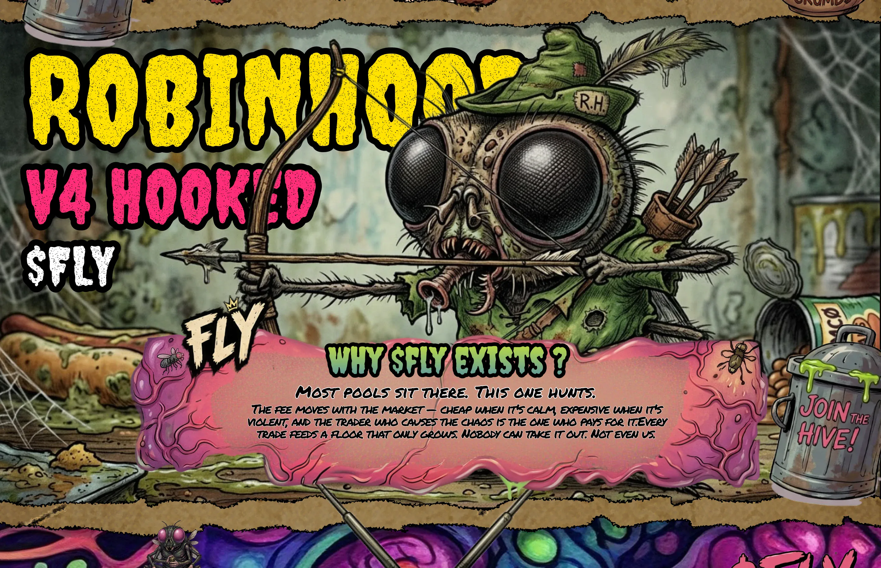 ROBINHOOD V4 HOOKED $FLY: a Robin Hood fly draws his bow above the Why $FLY exists? card — Most pools sit there. This one hunts.