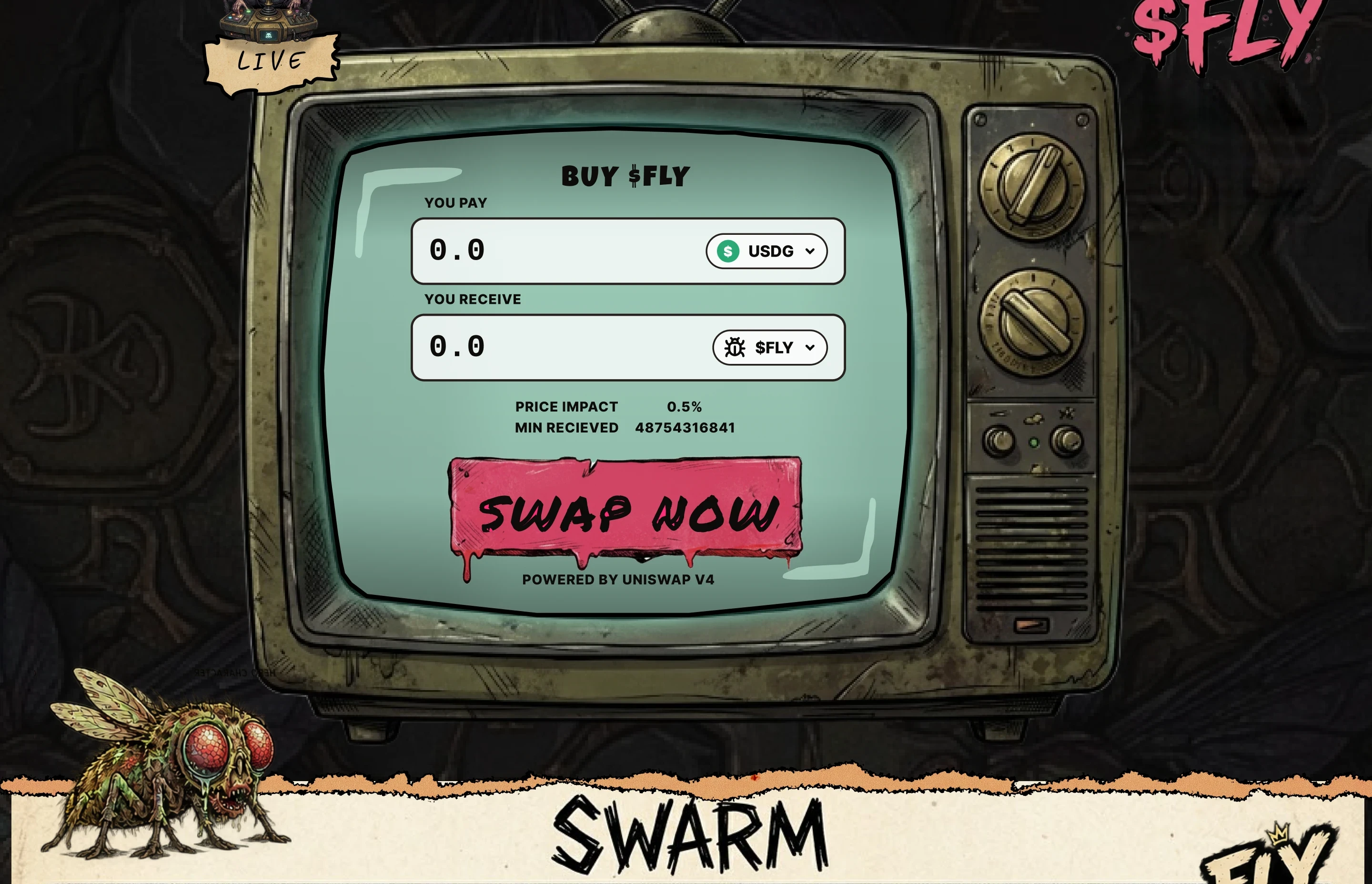 An old television whose screen reads BUY $FLY, YOU PAY, YOU RECEIVE, SWAP NOW, POWERED BY UNISWAP V4, with a LIVE tag on its aerial; the $FLY wordmark; the top of a SWARM poster.