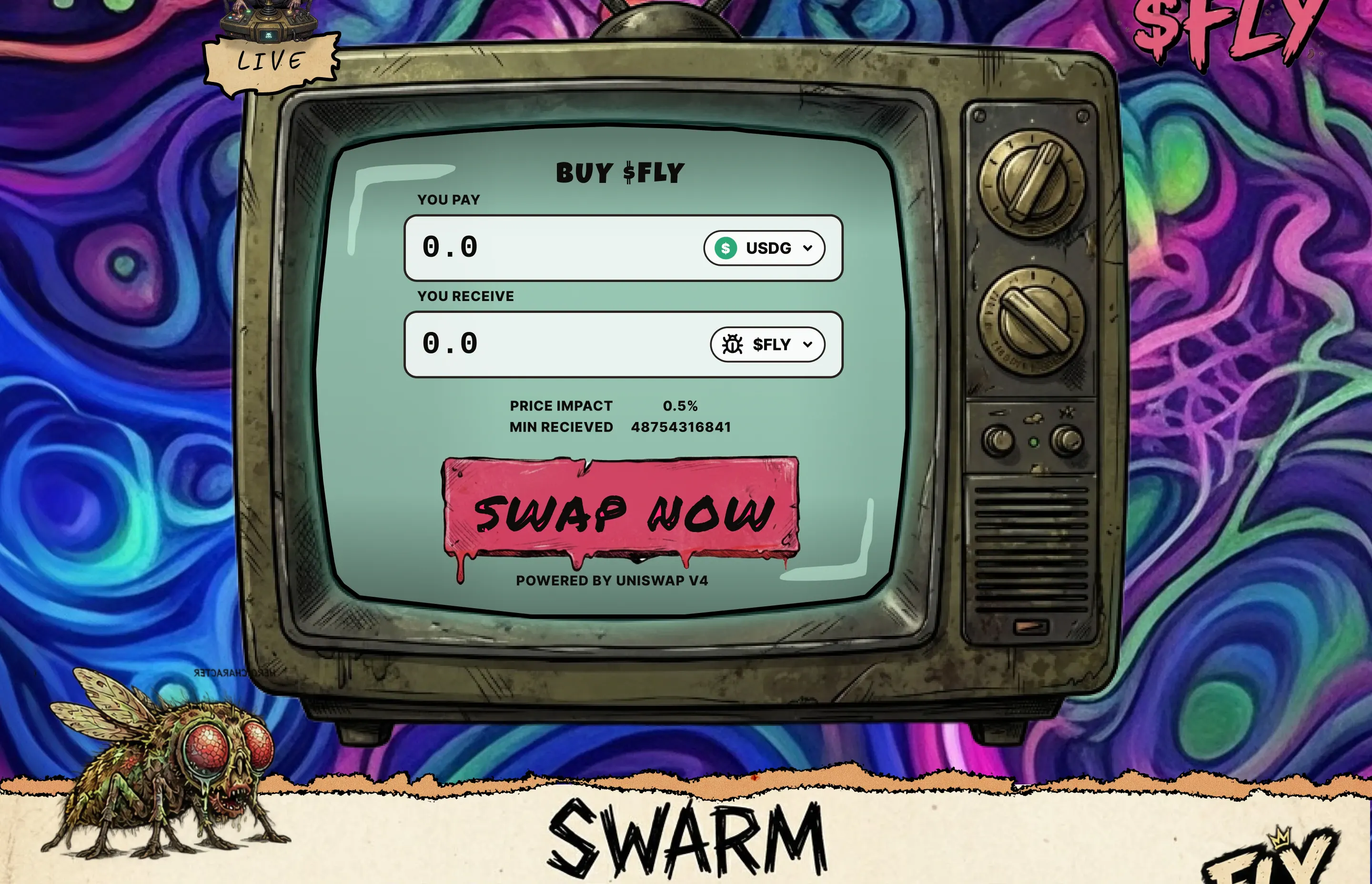 An old television whose screen reads BUY $FLY, YOU PAY, YOU RECEIVE, SWAP NOW, POWERED BY UNISWAP V4, with a LIVE tag on its aerial; the $FLY wordmark; the top of a SWARM poster.
