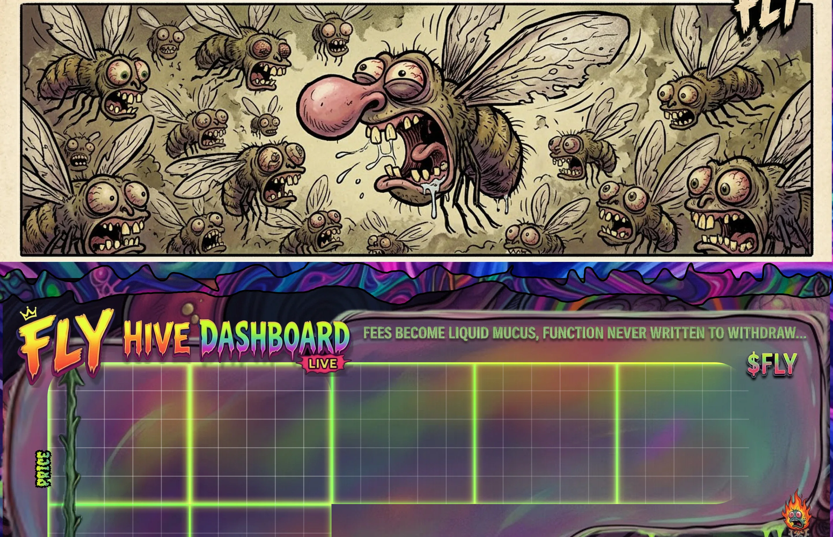 A SWARM poster crammed with screaming flies, then the FLY HIVE DASHBOARD — LIVE: FEES BECOME LIQUID MUCUS, FUNCTION NEVER WRITTEN TO WITHDRAW… over a translucent slime plate with a PRICE axis and green drips pouring off its edge, $FLY at the top right, a burning fly on the rim.