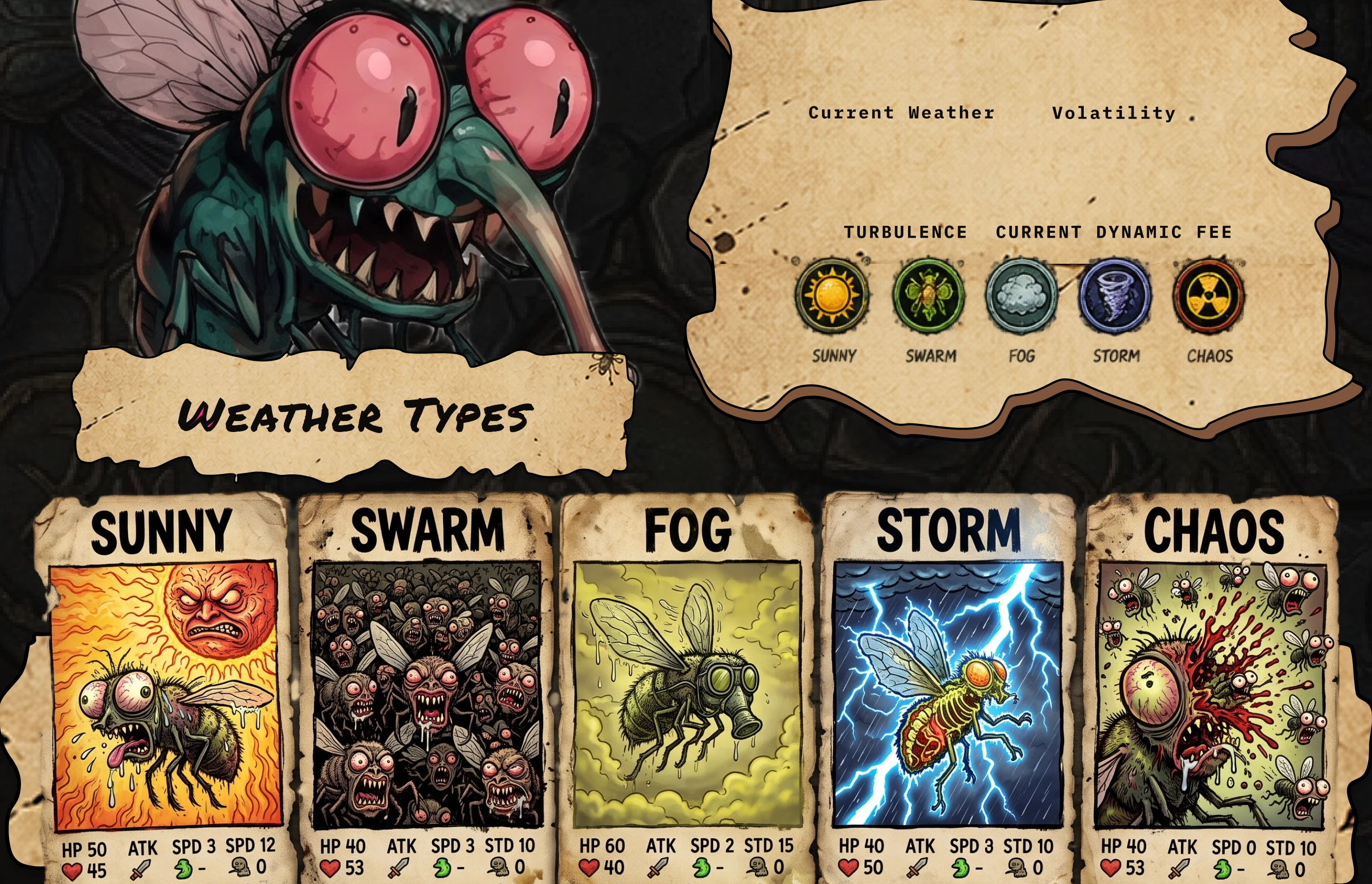 Weather Types: a readout of Current Weather, Volatility, TURBULENCE and CURRENT DYNAMIC FEE with five badges, and five trading cards — SUNNY, SWARM, FOG, STORM, CHAOS — each a fly suffering that weather.