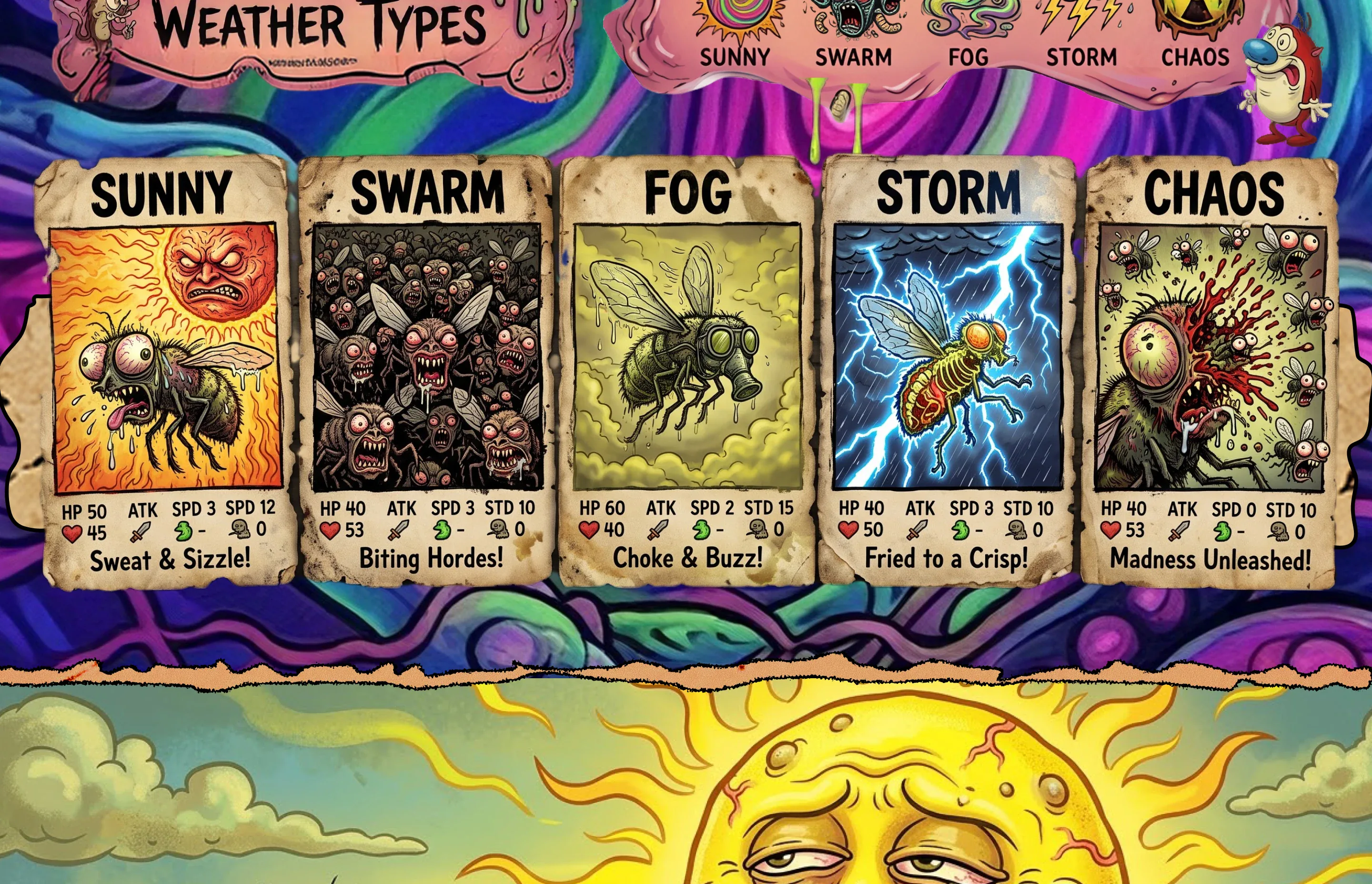 Weather Types beside the modal, then five trading cards — SUNNY, SWARM, FOG, STORM, CHAOS — each a fly suffering that weather, with HP, ATK, SPD and the taglines Sweat & Sizzle! Biting Hordes! Choke & Buzz! Fried to a Crisp! Madness Unleashed!, and a drooling sun rising.
