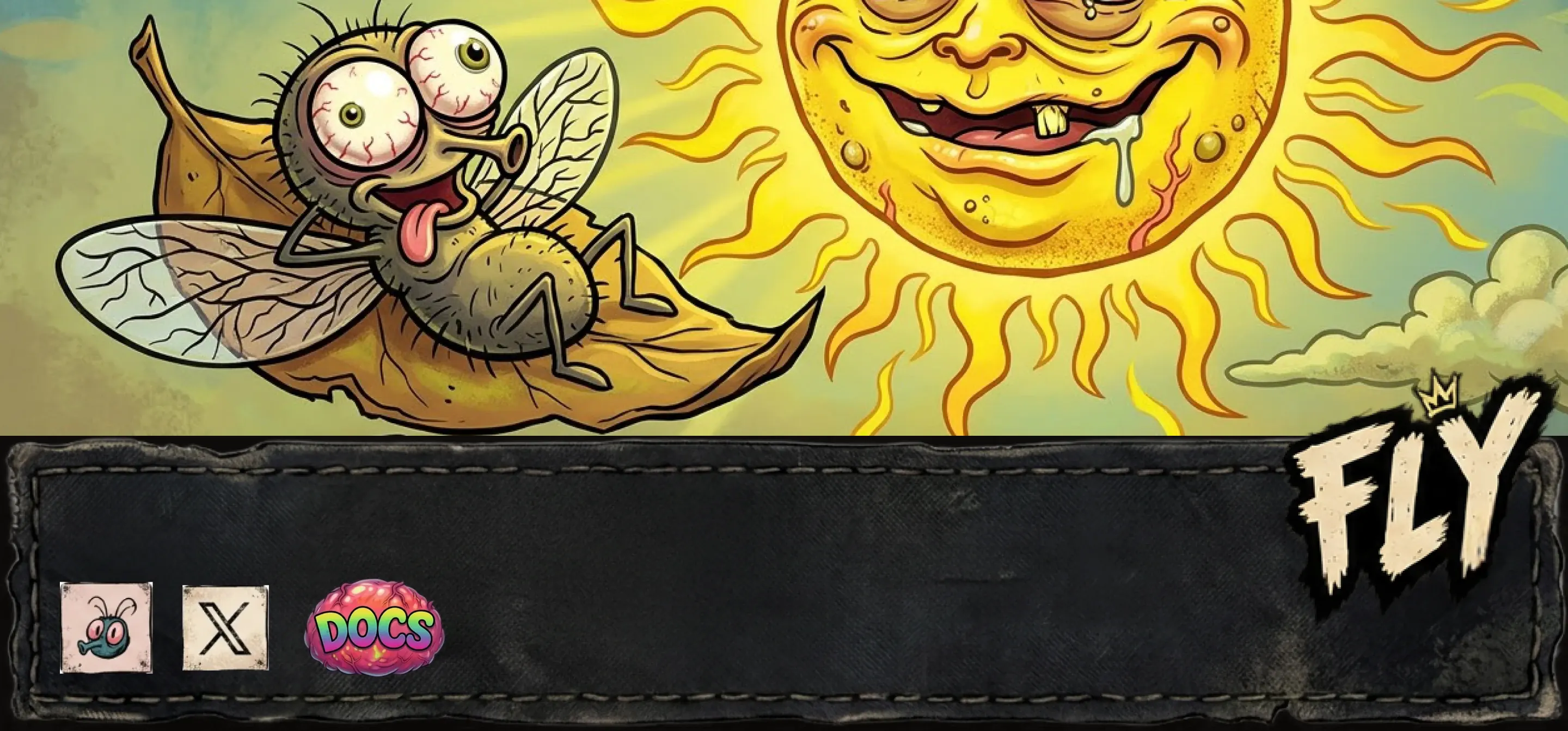 A fly sunbathing on a leaf under the drooling sun, and the footer bar: the DEX Screener fly, X, the DOCS brain and the $FLY wordmark.